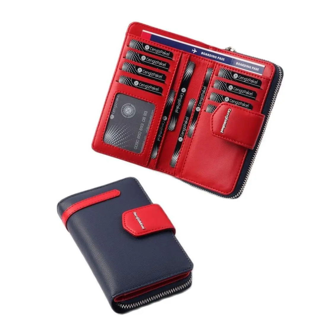 

Cengiz Pakel Medium Size Women Wallet Navy Blue Red Color Matching Multi-Compartment Kullanışlı Designed Leather Coating Polyester Lining