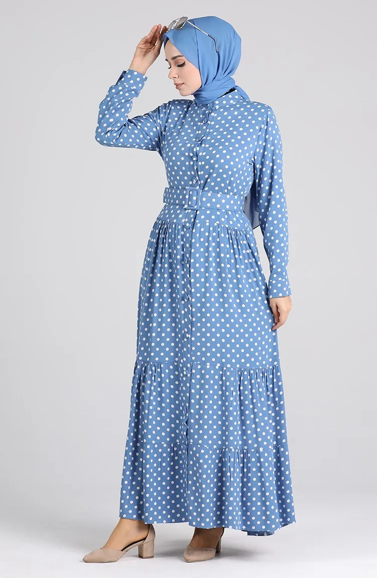 

Polka Dot Patterned Belt Dress Viscose Fabric Straight Buttons Unlined Hijap Long Sleeve Turn-Down Collar Seasonal Causal Women
