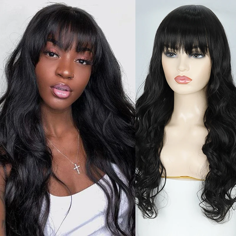 

AZQUEEN Synthetic Hair Wigs Long Black Wavy Hair with Bangs Colorful Wig for Women Cosplay Daily Party Wig With Neat Bangs