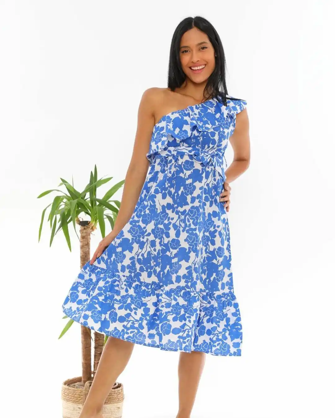 

Women's Flower Print Arched One Shoulder Sleeveless Dress Midi Length