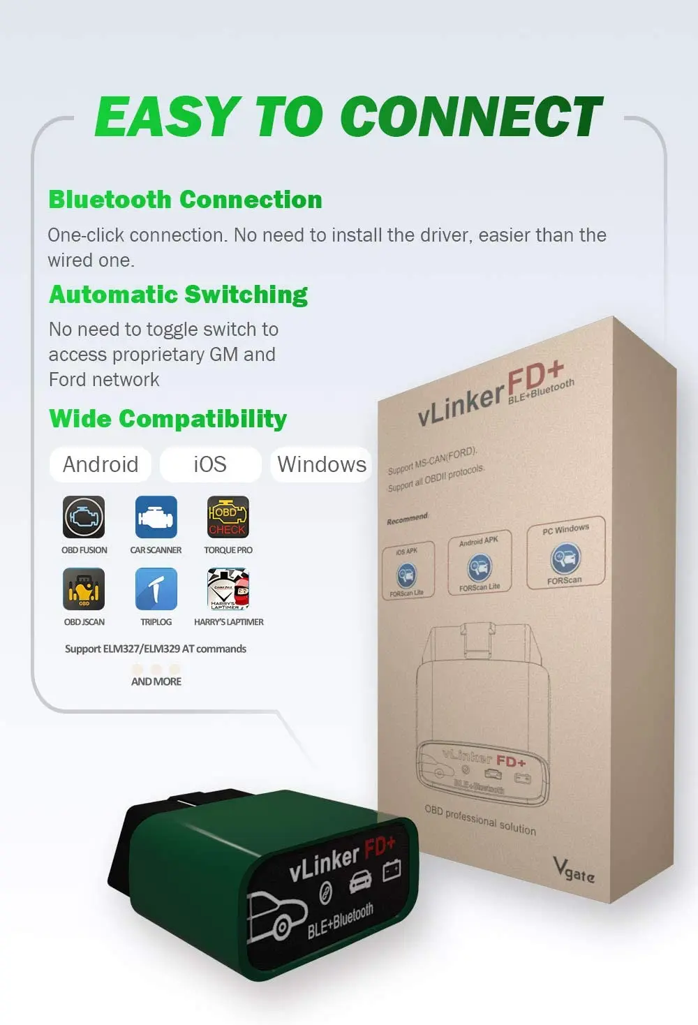 Vgate vLinker FD Plus OBD2 адаптер Bluetooth BLE elm327 obd сканер для FORScan работа с iPhone Android и Windows |