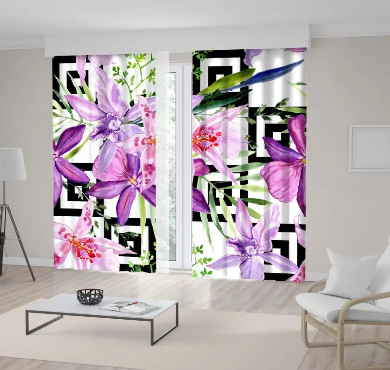 Занавес Цветы Орхидеи Листья узор на геометрическом черно белом фоне