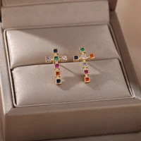 zircon cross pendant stud earrings for women colorful cubic zirconia cross earring geometric wedding party ear stud jewelry gift