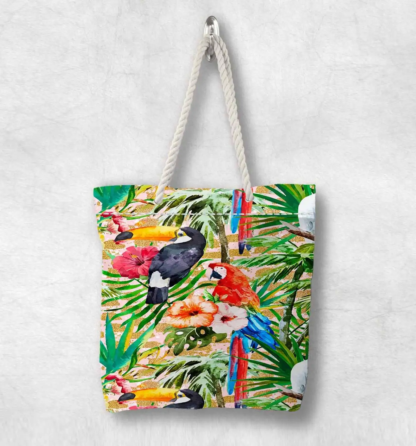 

Else Tropical Jungle Green Leaves Parrots New Fashion White Rope Handle Canvas Bag Cotton Canvas Zippered Tote Bag Shoulder Bag