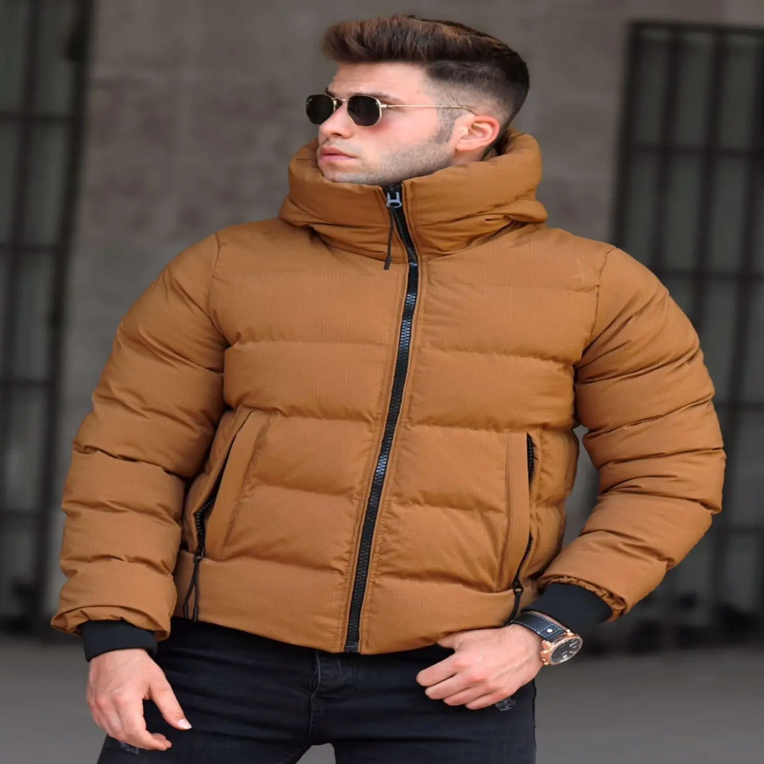 Male Tan Inflatable Coats Winter warm men jacket coat casual autumn stand collar puffer thick şapka down filled jacket