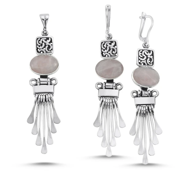 

Silver 925 Sterling Pink Quartz Stone Handwork Set