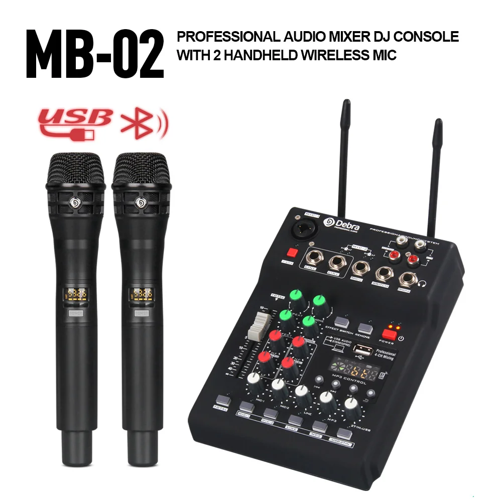 

MB-02 DJ консольный микшер с 2-канальным UHF беспроводным микрофоном, Bluetooth, + 48V фантомное питание для персональной записи, семейвечерние