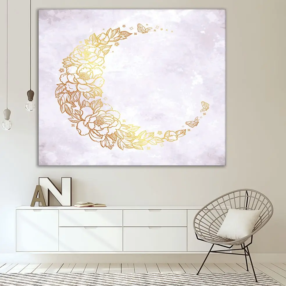 Гобелен с цветочным узором в форме золотого полумесяца цветы листья бабочки