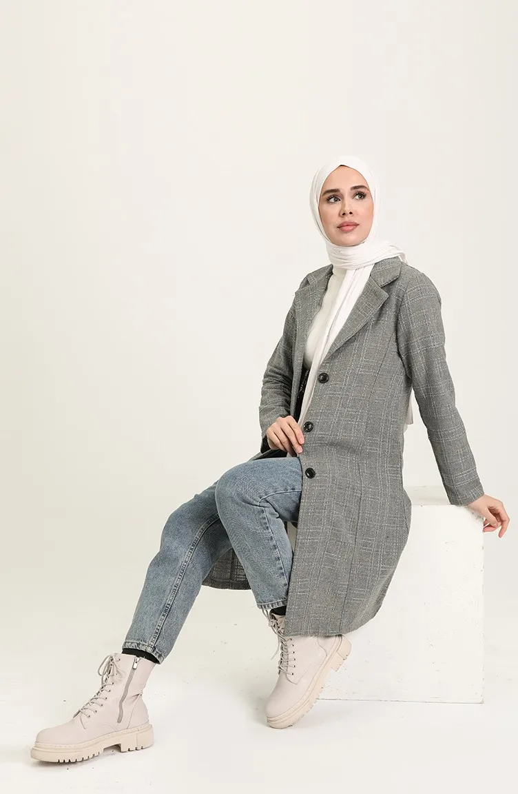 

Buttoned Cachet Coat Buttoned Unlined Long Sleeve Wide Collar Winter cotton woven fabric Patterned fabric Unlined long sleeved