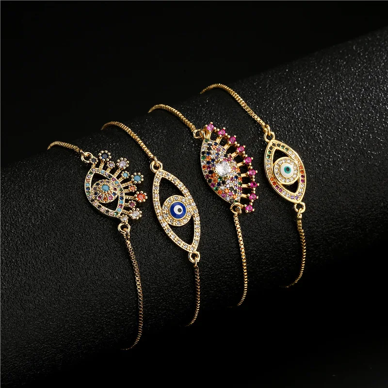 

Luxury Fashion Evil Eye Filled Crystal Adjustable Chain Charm Bracelet For Women Girl Turkish Gold Color Lucky Female Jewelry