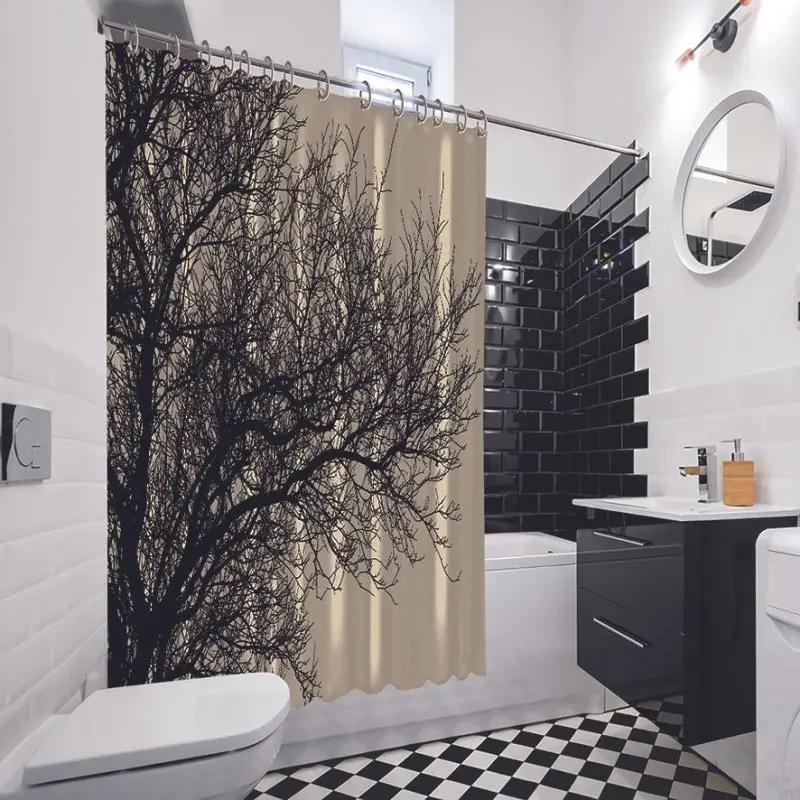 Штора для душа из кожи ветви дерева зимний уличный силуэт природа пейзаж бежевый