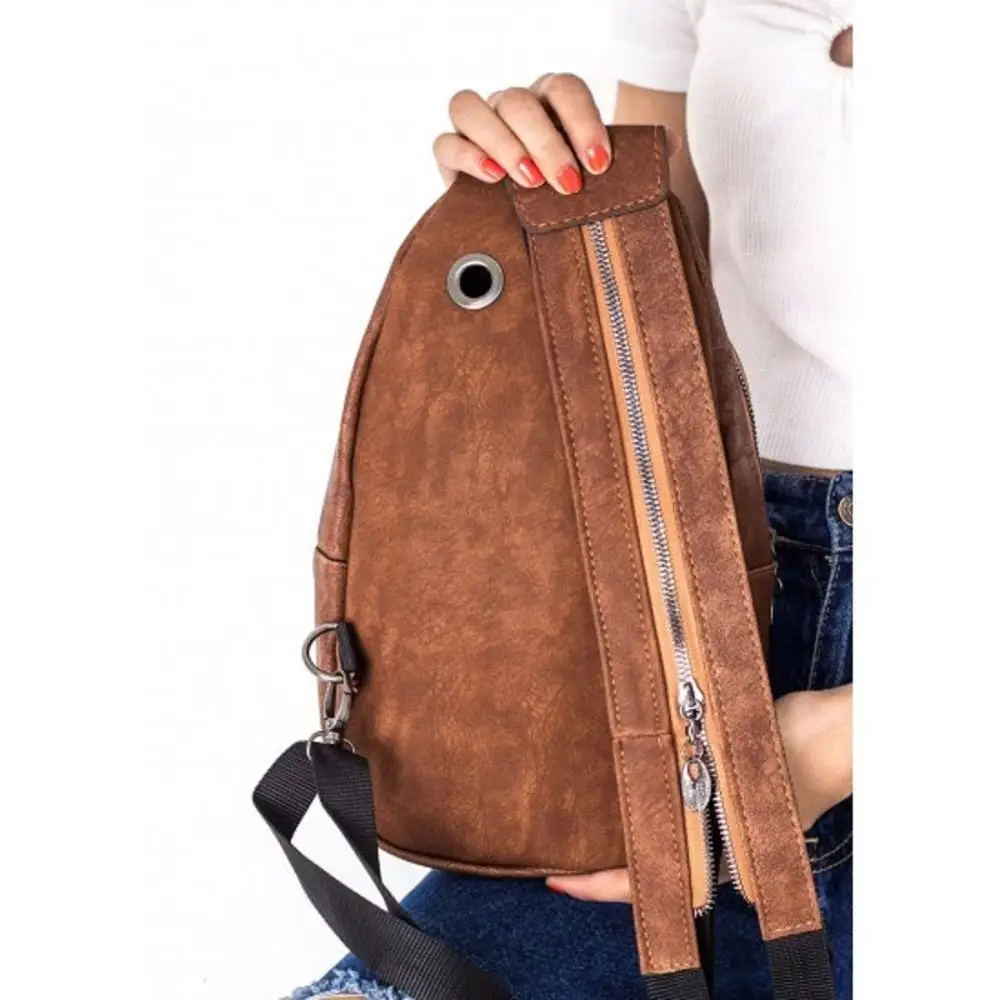 

Tan Brown Color Fashion Trend Women Lady 2 Compartments Quality Zippered Pu Leather Waist Shoulder Bag