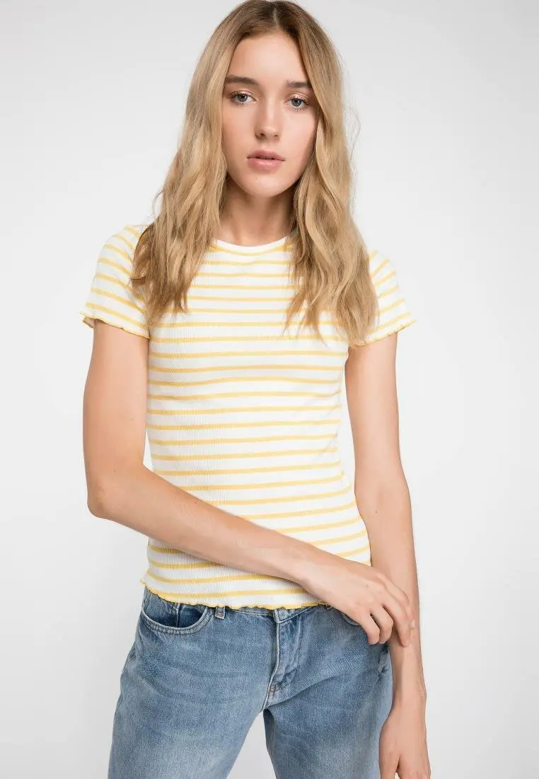 DeFacto новая летняя женская модная футболка Женские повседневные полосатые топы