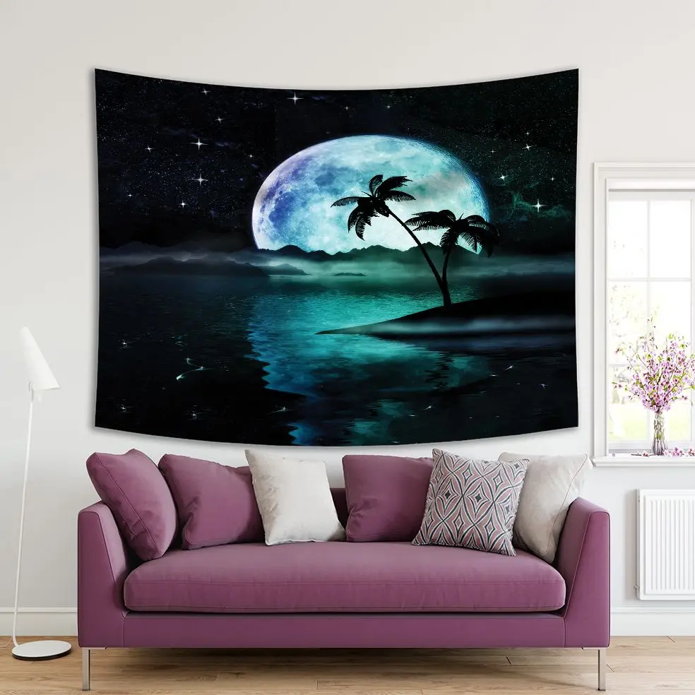 

Tapestry Super Moon Starry Sky over the Sea Palm Trees Island Nostalgic Dreamland Surrealistic Artwork Blue Green White