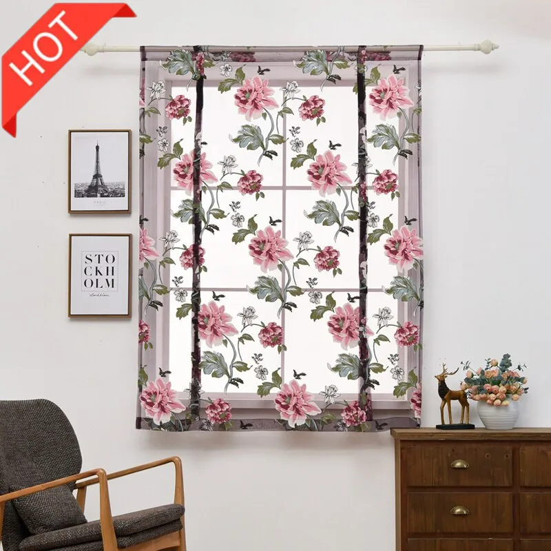 Фиолетовые шторы с цветочным рисунком короткие тюли для кухни спальни гостиной