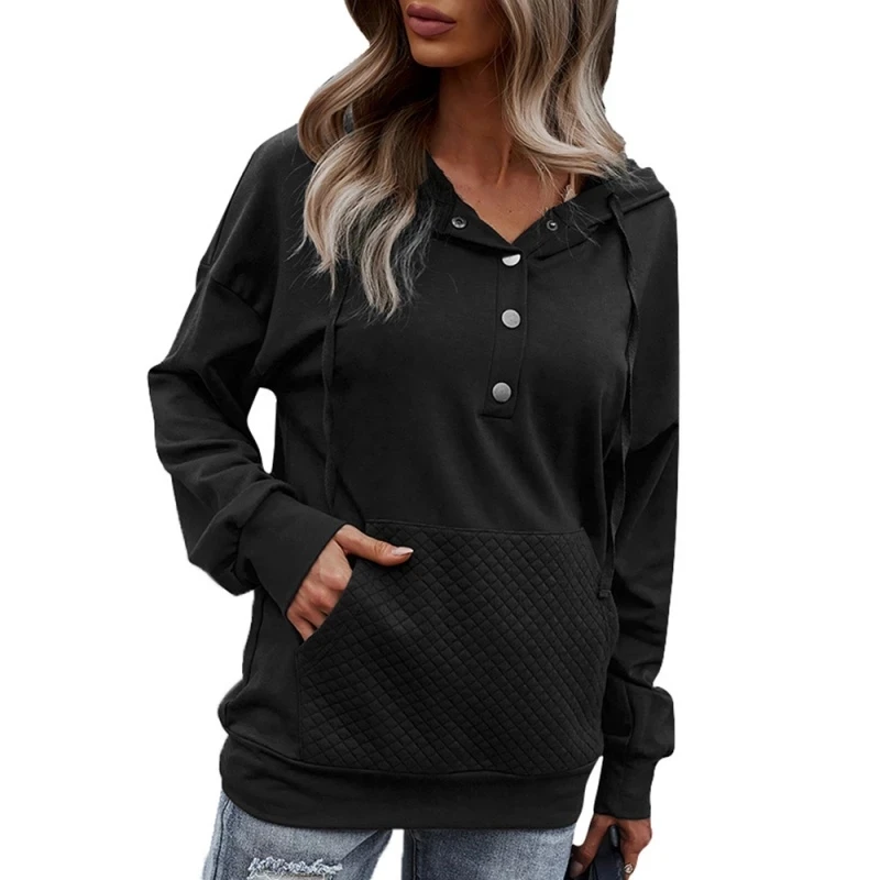 

Women Hooded Sweater High Quality Kangaroo Pocket Snap Button Solid Color Long Sleeve Jacket