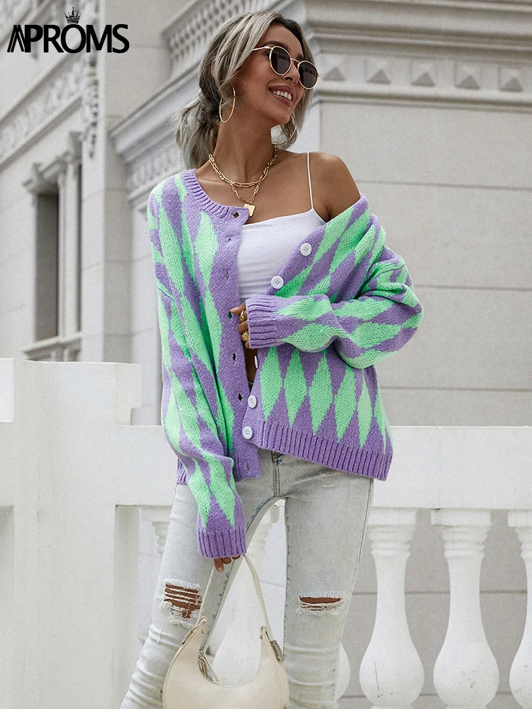 

Aproms Винтажный Зеленый Фиолетовый клетчатый вязаный кардиган женский зимний мягкий свободный свитер Женская высокая модная верхняя одежда ...