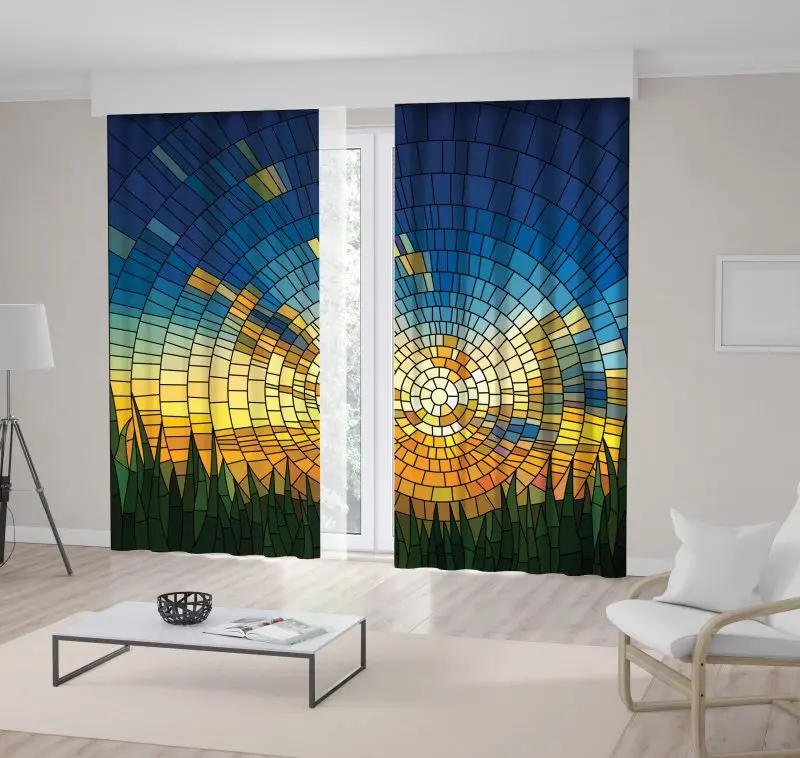 

Curtain Stained Glass Window with Sunrise Blue Sky Yellow Orange Horizon Green Grasses Nature Artwork Print