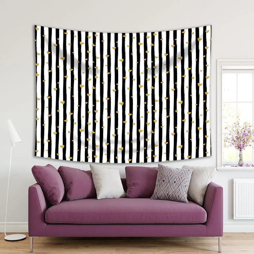 

Tapestry Gold Glittering Heart Shapes Confetti Pattern on Vertical Black and White Stripes Romantic Art