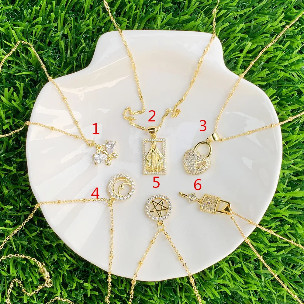 

18K Gold Plated Fine Brass Box Chain Necklace With High Quality Zircon Pendant Lucky Pretty Jewelry