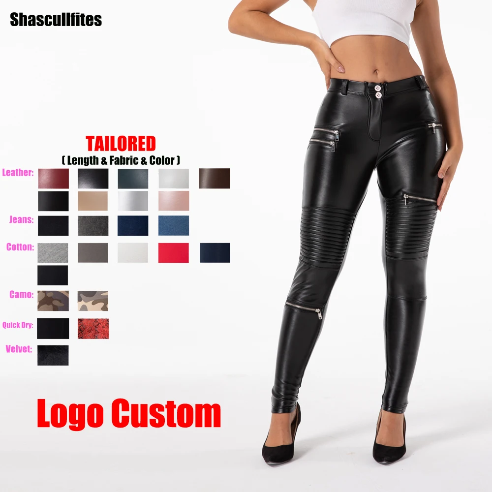 Shascullfites Melody Tailored Pants Women Logo Custom Black Leather Leggings Zipper Biker Pants Motor Pants Booty Lift Leggings