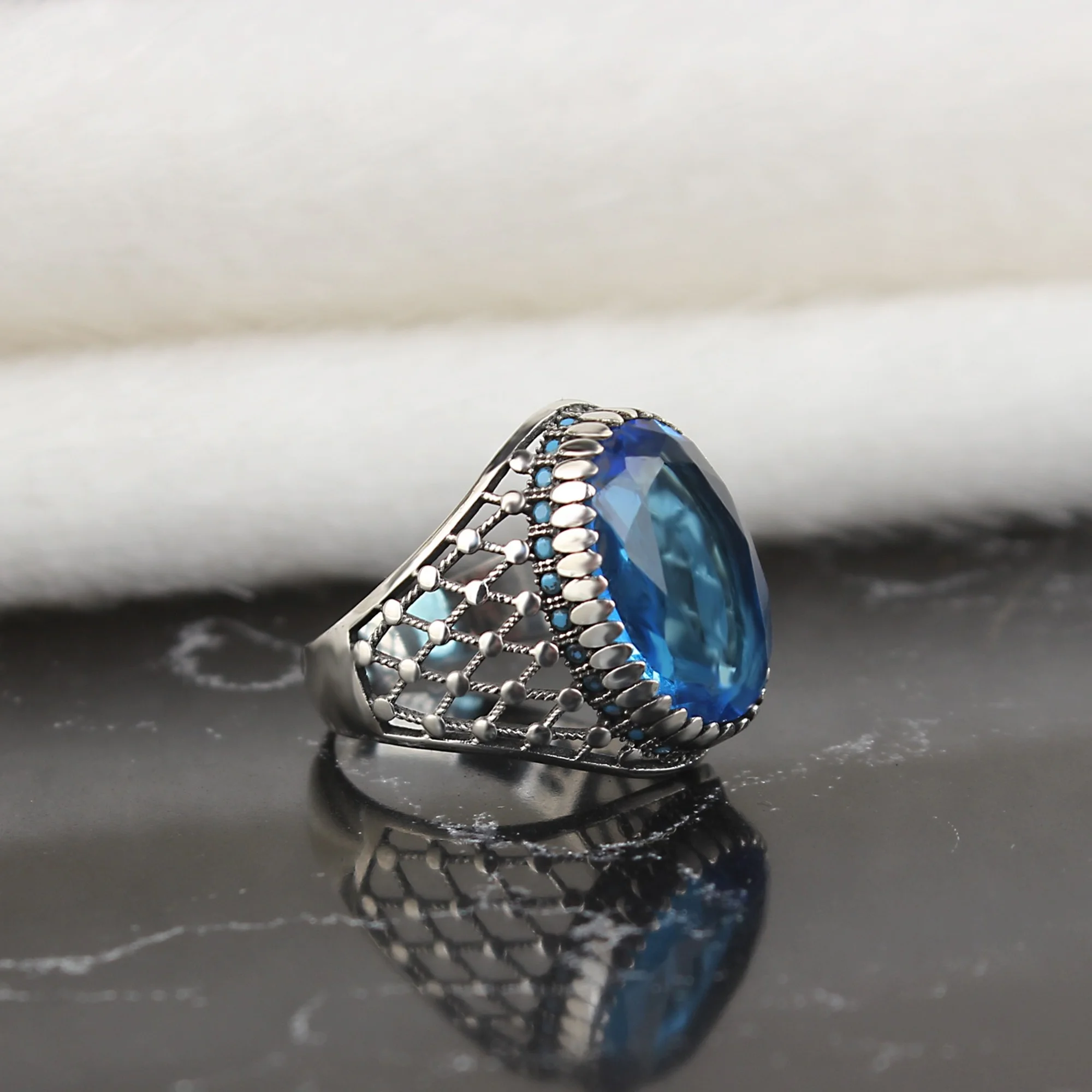 

Men's ring 925 sterling silver Turkish handmade jewelry aquamarine stone all size gift for him