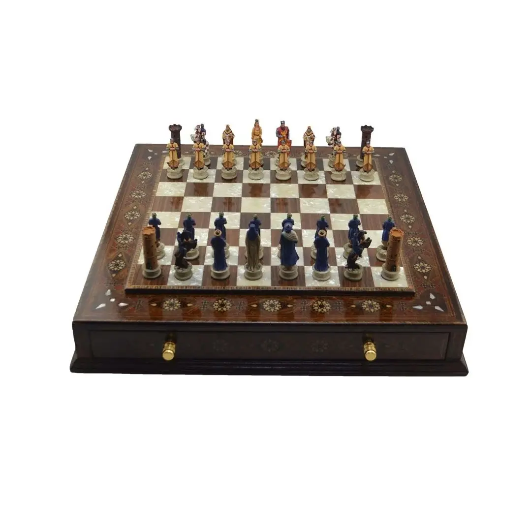 

Gifthome Chess set/Set; Medium Seljuk Crusaders Polyester Pearlescent K. Walnut Drawer Chessboard Decorative Showy