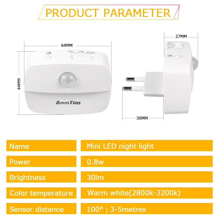 Светодиодный ночсветильник с датчиком движения европейская вилка 220 В