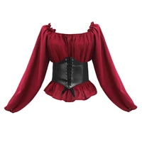 women vintage steampunk pirate shirt lace up cinch shoulder long sleeve smocked blouse tops belt tied corset elastic waist belt
