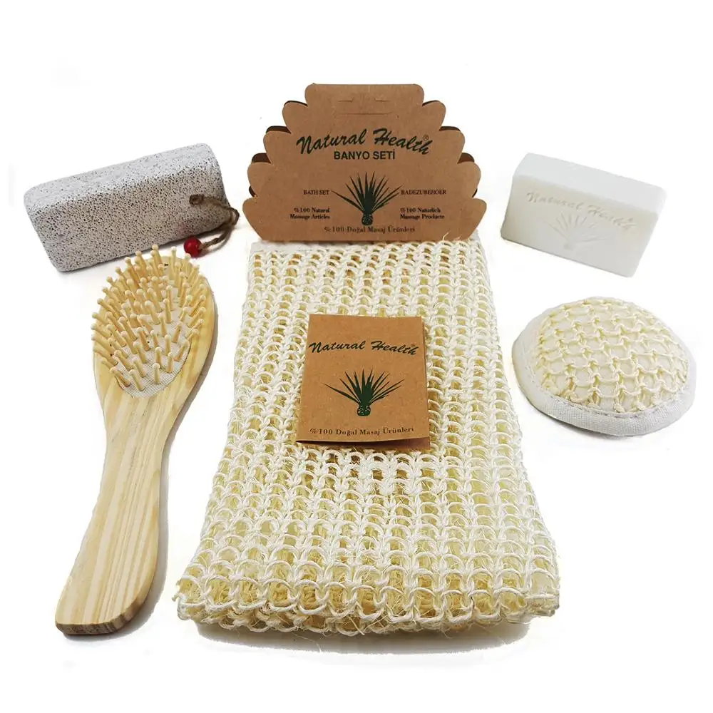 

Natural Sisal Bath & Shower Set – 5 in 1 Bath Kit – Natural Loofah Body Scrubber Bristles, Luffa Face Sponge Pad, Pumice Stone