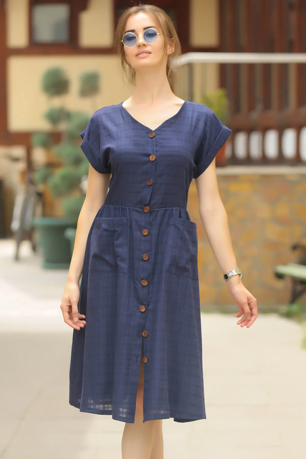 Женское платье на пуговицах Armonika темно-синее с карманом спереди ARM-18Y001138 | Женская