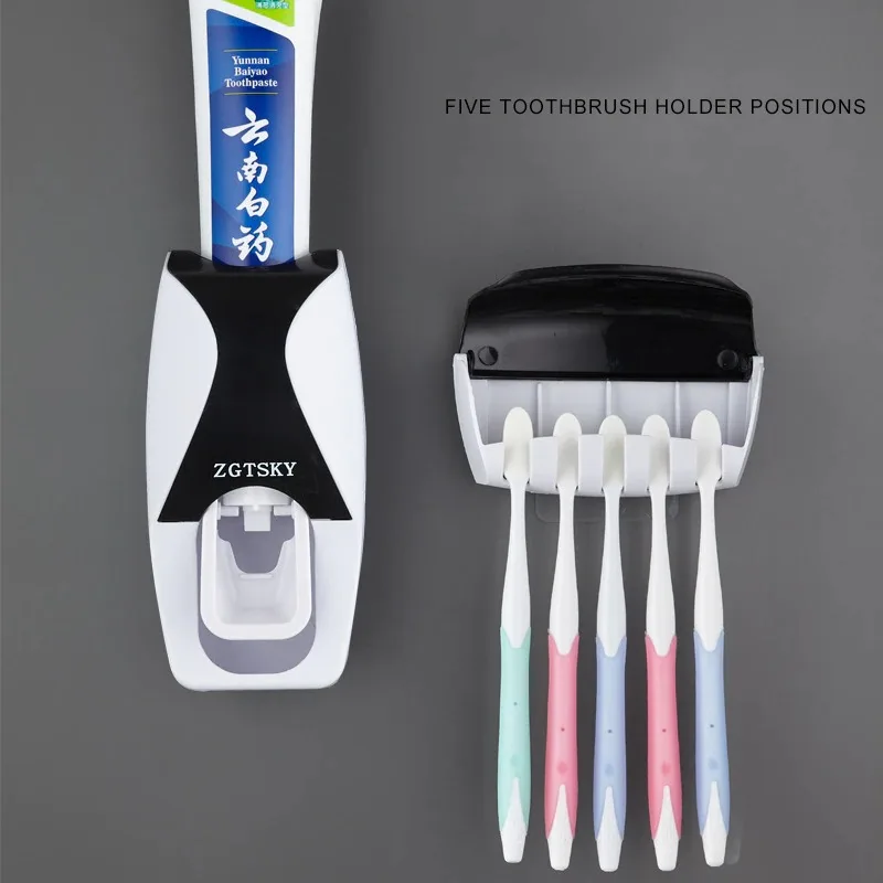Dispensador autom&aacute;tico de pasta de dientes, soporte de pared a prueba de polvo, estante de almacenamiento, juego de accesorios de ba&ntilde;o, exprimidor-1