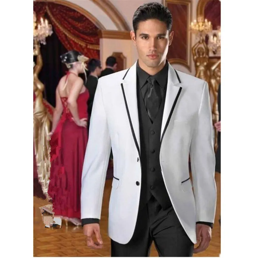 

Новый дизайн, белые смокинги для жениха с лацканами, мужские свадебные костюмы для жениха, костюм для выпускного вечера (пиджак + брюки + жиле...