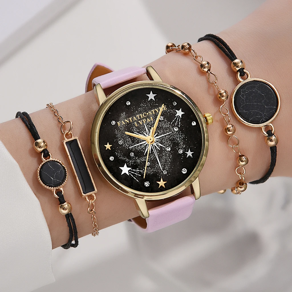 5 шт./комплект Женские Аналоговые кварцевые часы с браслетом |