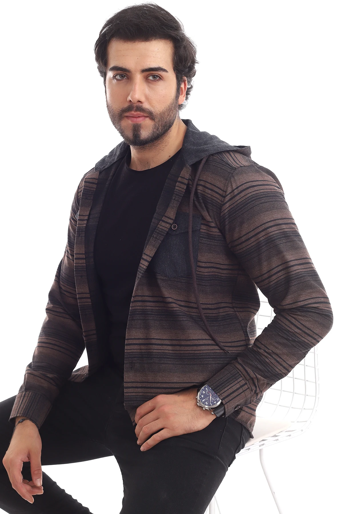 WOODCUTTERS HOODED CASUAL SLYM FİT MALE GÖMLEĞİ (BLACK BEIGE) | Мужская одежда