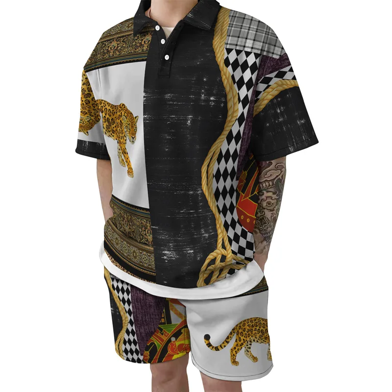 

Fashion Leopard Print Men's Hawaiian Short Sleeve Suit Casual Print Shirt Shorts Suit Summer Top Comfortable Breathable Suit