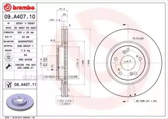 Brembo 09. a407.10 disc brake Honda CR-V II 01-07/Civic Type R 06-front вент. D 300mm. 2 PCs | Discs Rotors &amp Hardware