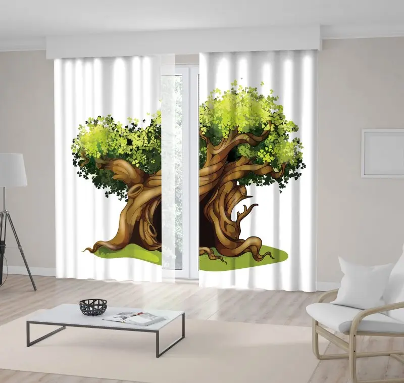 

Curtain Cartoon Oak Fairy Tale Magic Tree Forest Ancient Bonsai Story for Kids Art Green Brown