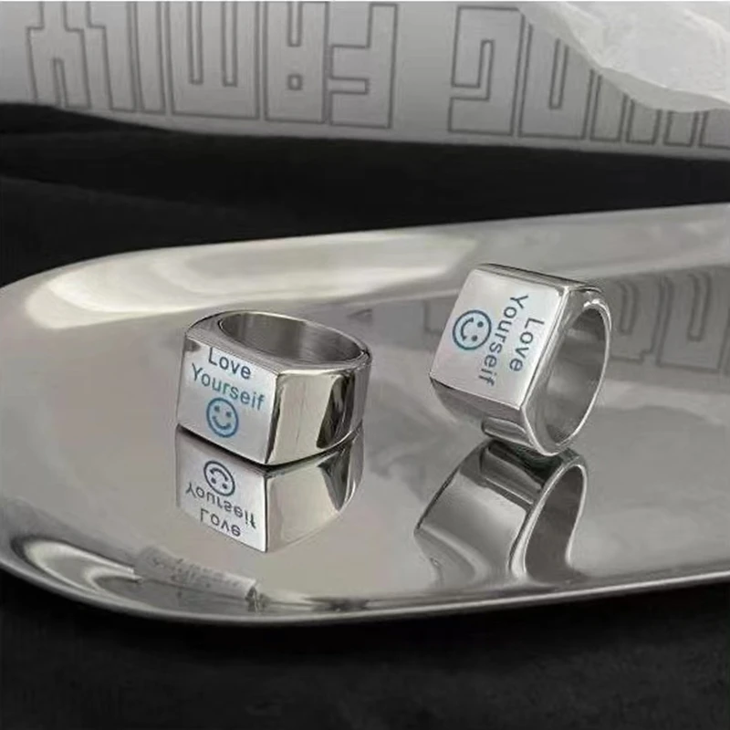 

Titanium Steel Hip Hop Square Luminous Ring Women Love Yourself Rings Fashion Personality Street Ring Men Jewelry Accessories