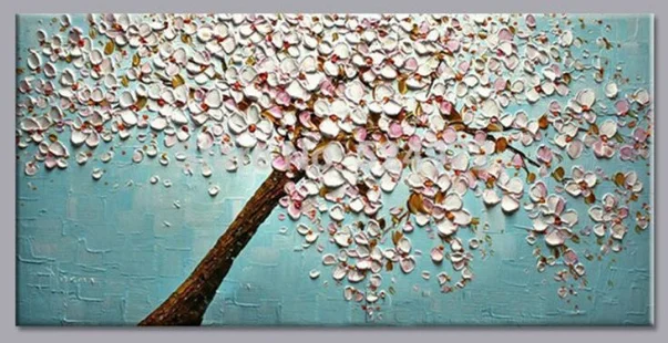 Goede Handgemaakte Canvas Olieverf Boom Bloem Licht Groen Blauw Wit Wall Art Home Decoration Foto Voor Woonkamer