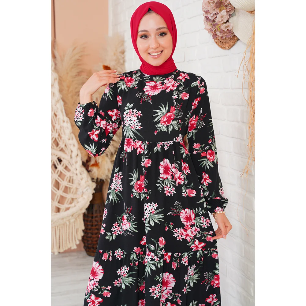 Floral Pattern Black Dress muslim dress women abaya kaftan modest dress abayas for women abaya turkey turkish dresses abayas for