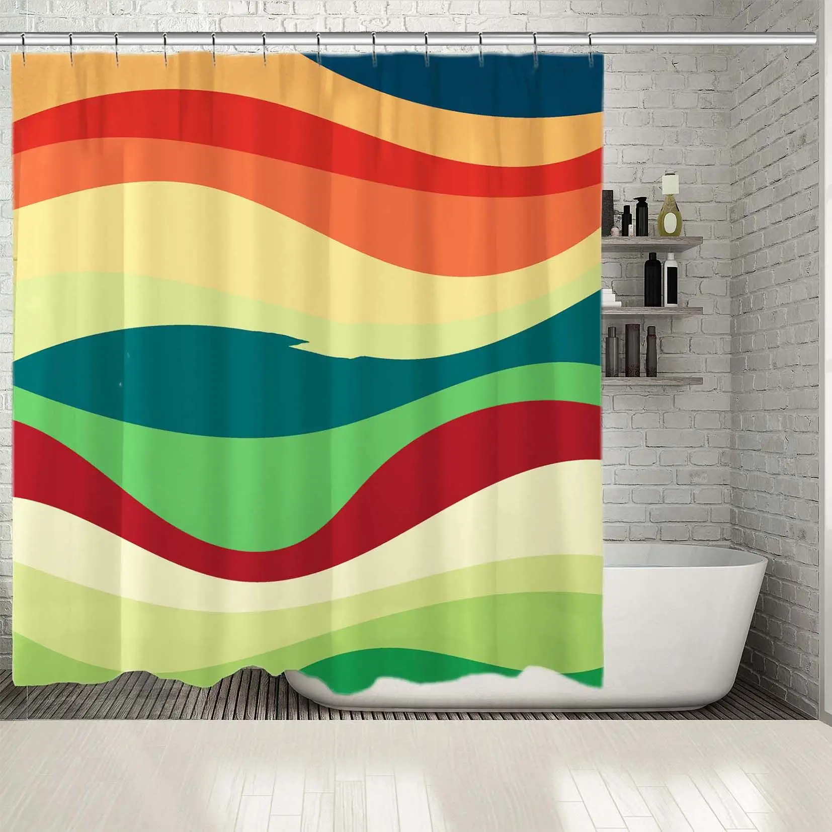 

Shower Curtain Colorful Abstract Wavy Pattern Nature Inspired Contemporary Decorating Elements Blue Green Red Orange