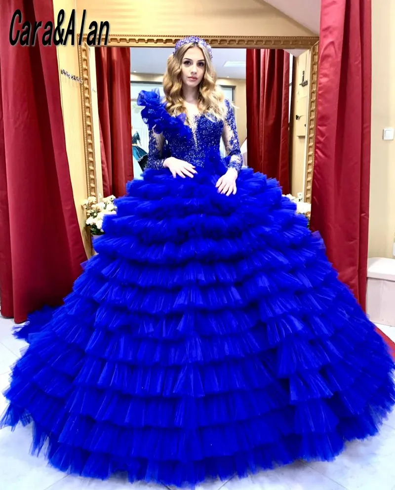 

Cara&Alan Royal Blue Evening Dresses Long Sleeves Sheer Neck Lace Beaded Ruffles Buttom Prom Gowns for Women Party Wear