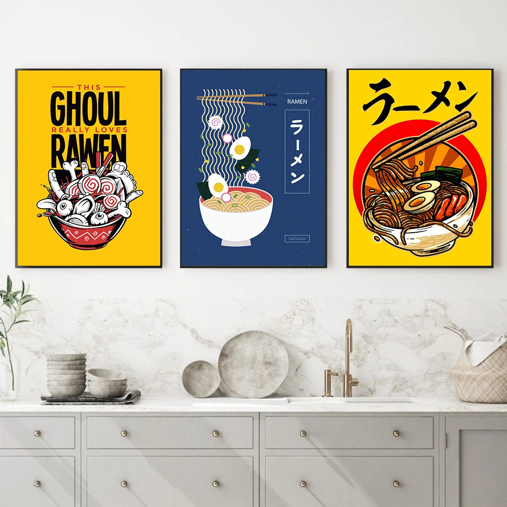 

Ghoul Ramen Canvas Painting Cartoon Cat Noodle Ramen Abstract Watercolor Wall Art Posters Kids Room Kitchen Home Decor Pictures
