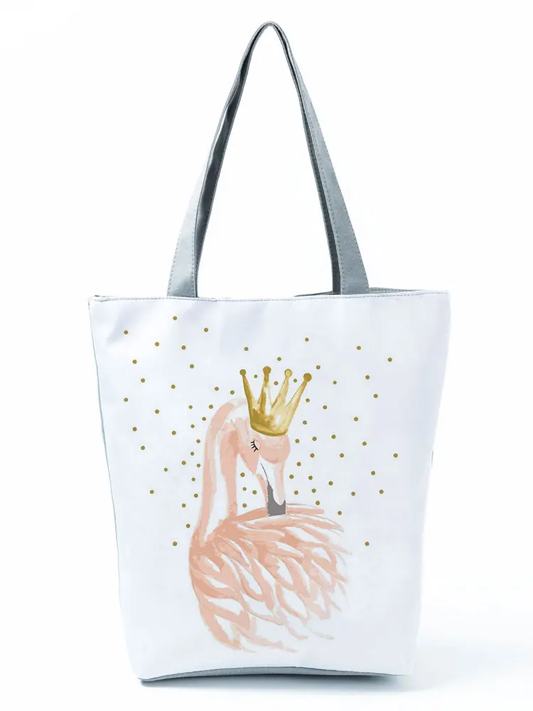 

Cartoon Flamingo With Crown Printed Handbag Casual Practical Storage Bag Outdoor Portable Big Capacity Shoulder Bags For Girls