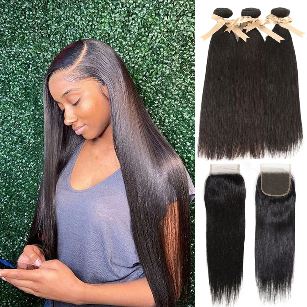 Прямые человеческие волосы пряди с закрытием бразильские плетение 3 4*4 для
