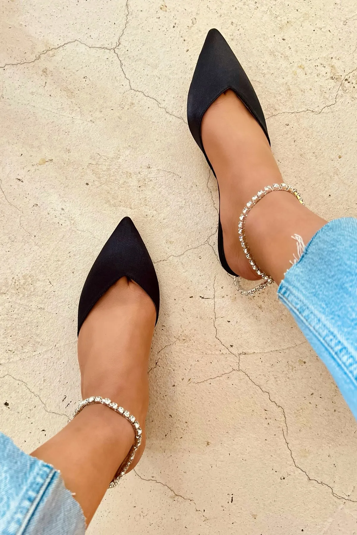 

Karen Satin Wrist Crystal Stone Detail Short Heels Ballerina New Season modern design pointed toe casual stylish women's fashion