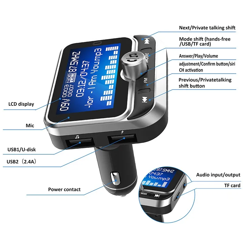 

2021 Creative Car FM Transmitter With Remote Control 1.8" LCD Bluetooth MP3 Player Dual USB Car Charger Handsfree FM Modulator