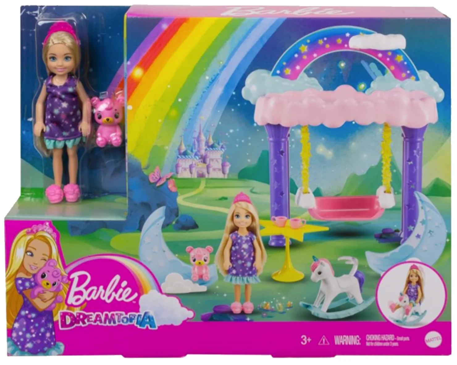 

Barbie Dreamtopia Chelsea Princess Doll & Fairytale Sleepover Playset with Loft Bed, Swing, Moon Chairs & Unicorn Rocking