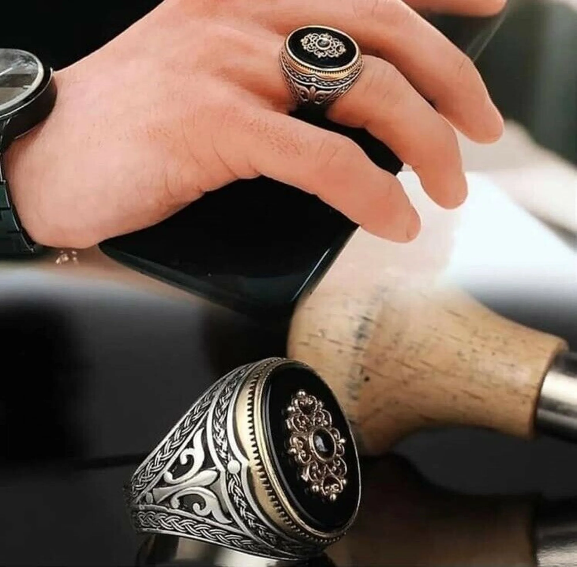 

925 Sterling Silver Turkish Handmade Jewelry Onyx Stone Men's Ring All Size